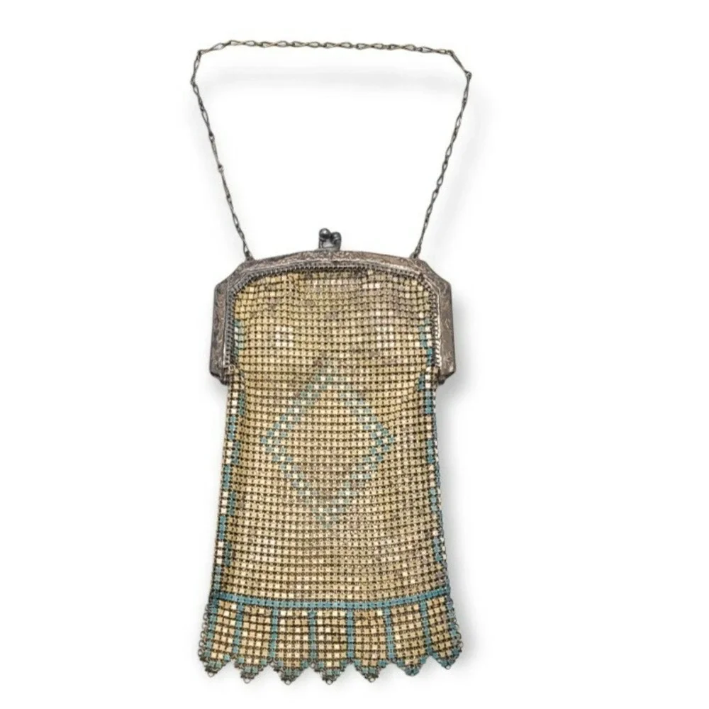 Vintage Whiting & Davis Mesh Enameled Purse Art Deco Blue Yellow 1920s Flapper
